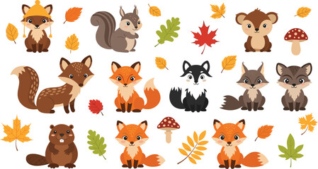 Obraz premium Autumn Forest Animals Set with Fox, Squirrel, Beaver, Raccoon, and Fall Leaves for Seasonal Illustrations