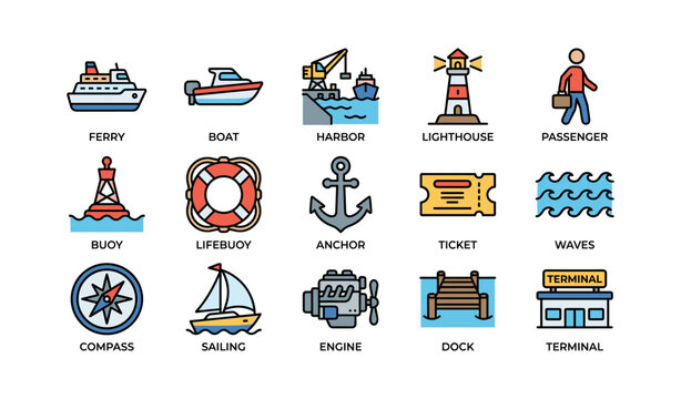 Colorful nautical icons featuring boats, lighthouse, anchor, and compass