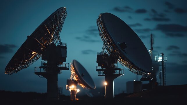 Large satellite dishes and communication towers operating at night, collecting and transmitting data for space exploration and advanced technology, connecting globally and beyond