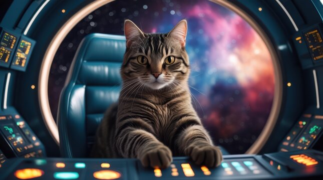 A futuristic tabby cat sits in a spaceship control room chair