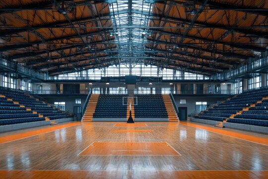 Expansive indoor basketball arena, empty, featuring hardwood court and bleacher seating