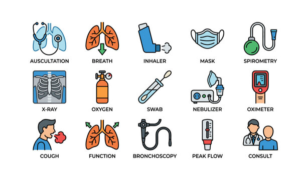 Medical equipment icons for respiratory health and diagnosis