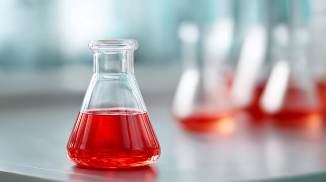 Faceless close-up of an Erlenmeyer flask containing vivid red liquid on a bright lab countertop with other flasks softly defocused behind, scientific research, chemistry experiment