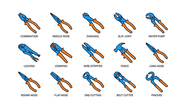 Variety of hand tools including pliers and hammer on white background