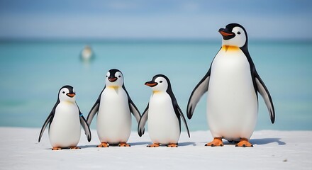Fototapeta premium A cute baby king penguin and a black and white Gentoo bird stand on the cold Antarctic beach and rocks .