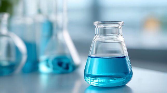 Faceless close-up of a beaker filled with bright blue liquid in the foreground with glass flasks softly defocused behind on a clean lab bench, chemistry research, scientific focus,