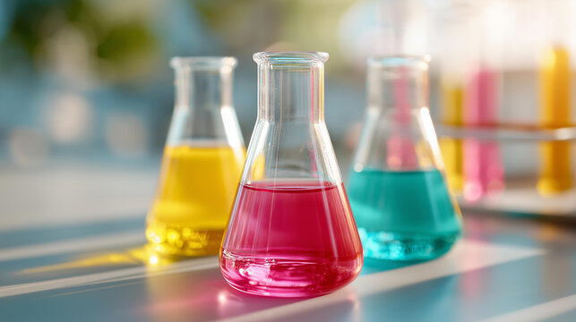 Faceless close-up of three conical flasks containing vivid chemical solutions in bright yellow, pink, and teal on a clean lab bench, sunlight reflecting off the glass, chemistry re