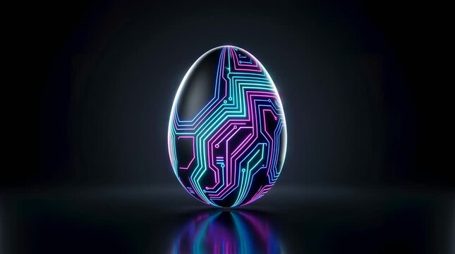 Futuristic digital egg with neon cyberpunk mood rotating and glowing representing blockchain and metaverse concept on dark background