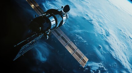Communication satellite flying above earth, collecting solar energy for vital global communication, broadcasting, data transmission, and weather monitoring, enabling universal access to information