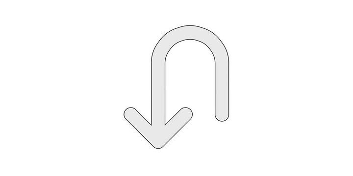 Arrow U left down icon animation for dropdown return overlays, u-turn leftward downward motion graphic, white and green screen chroma key, curved fold redirect animated element, descend wrap design