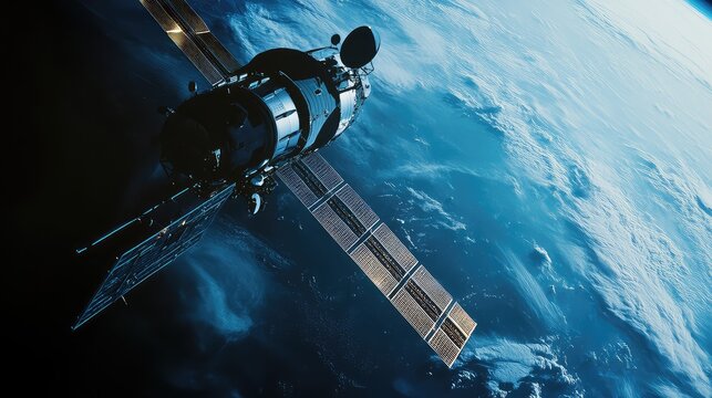 Communication satellite flying above earth, collecting solar energy for vital global communication, broadcasting, data transmission, and weather monitoring, enabling universal access to information