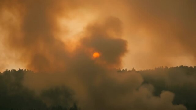 Thick wildfire smoke covering forest at sunset with glowing sun behind haze, showing air pollution, environmental crisis, climate impact, and natural disaster conditions.