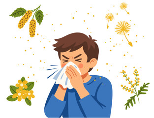 Boy Sneezing from Pollen Allergy, Birch and Ragweed Allergy, Seasonal Allergy Concept, Child with Tissue, Hand Drawn Vector Illustration
