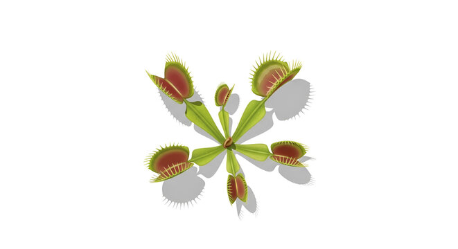 Isolated Venus flytrap plant with vibrant green leaves and red-lined traps, casting a subtle shadow on a clean white background, carnivorous flora element