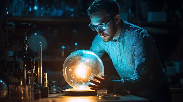 Scientist in blue shirt with glasses examines glowing orb in dimly lit laboratory with equipment