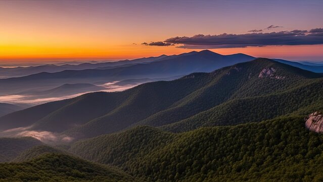A serene mountain landscape at sunset with rolling hills and fog