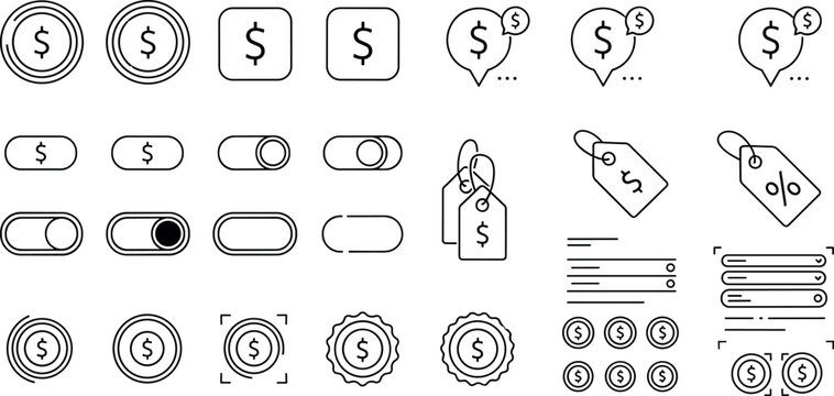 Minimal payment and pricing UI line icons set with dollar symbols toggles tags coins buttons and discount labels
