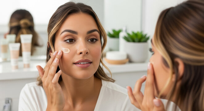 Woman applying skincare product thoughtfully in a bright bathroom with natural beauty products and plants in the background