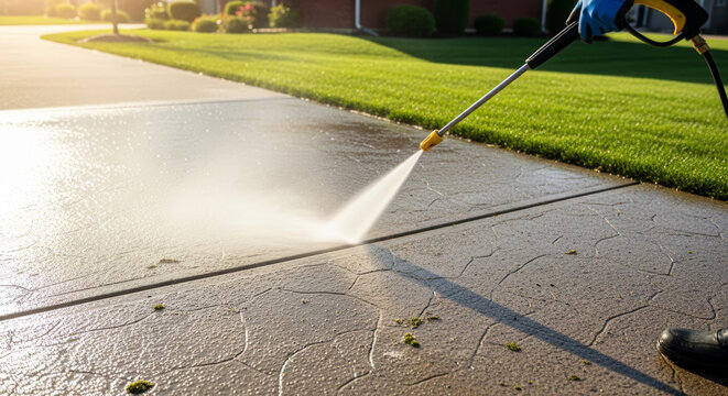 Homeowner enjoying a sunny day while pressure washing the driveway with a sense of accomplishment against a lush green lawn.