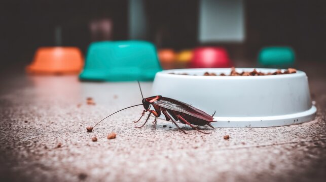 Cockroach encounter at pet feeding area indoor setting wildlife photograph close-up shot for awareness