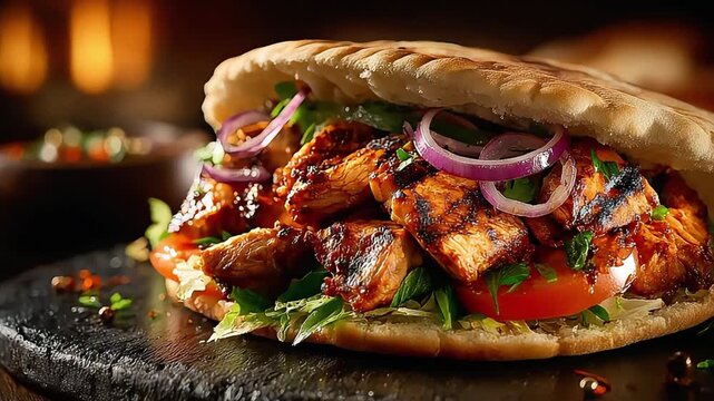 A mouthwatering close-up of a grilled chicken pita sandwich, evoking feelings of comfort and satisfaction. Ideal for food blogs, menus, and restaurant