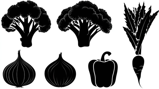 Collection of six distinct vegetable silhouettes displayed in a top and bottom row arrangement
