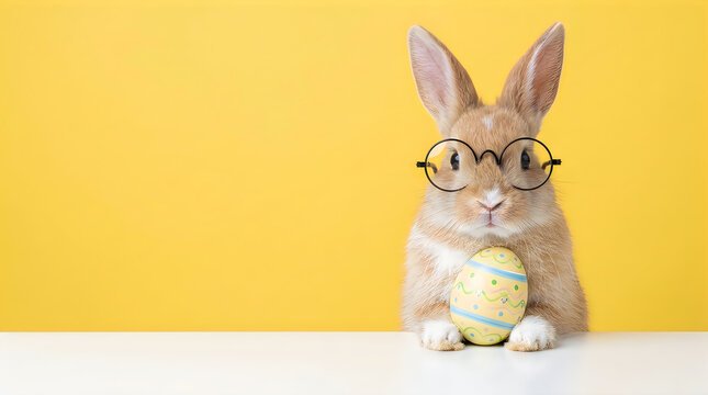 Cute brown rabbit wearing glasses holding decorated Easter egg
