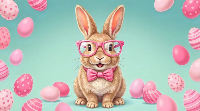 Illustration of adorable bunny with pink glasses and bow tie