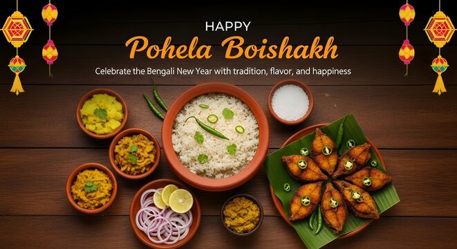 Boishakh Traditional Bengali New Year Feast with Hilsa Fish on Banana Leaf, Bangla New Year Celebration Background