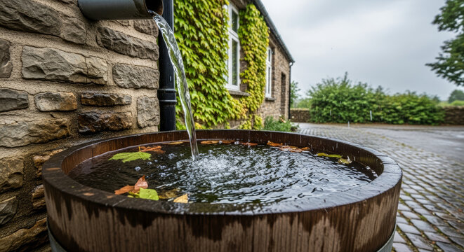Tranquil water flowing into a rustic wooden barrel with leaves, creating ripples, against a serene countryside home background