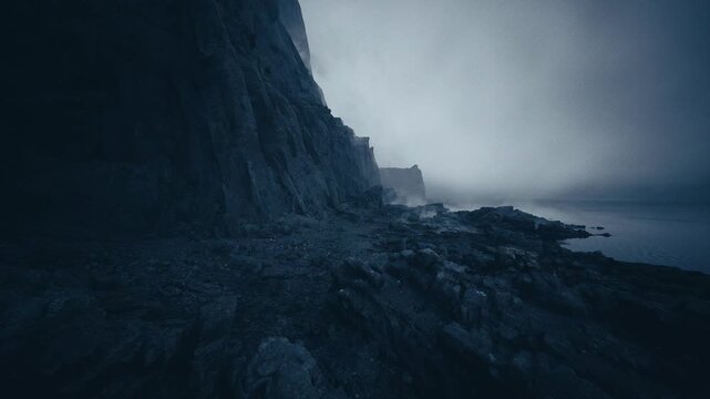moody cliff coastline shrouded in fog, rocky foreground leading to misty horizon, hush of waves, photographer scouting composition along pebbled shore, cold