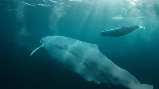 Beluga whale exhales underwater in deep ocean