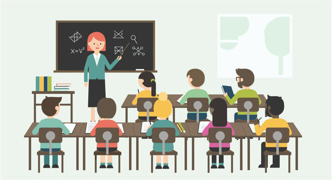 Teacher writing on blackboard in cartoon classroom with students sitting at desks in educational setting for school