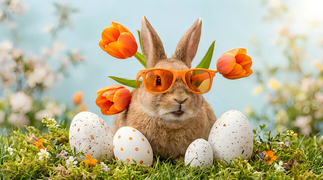 Brown rabbit with orange sunglasses and tulips in grassy meadow