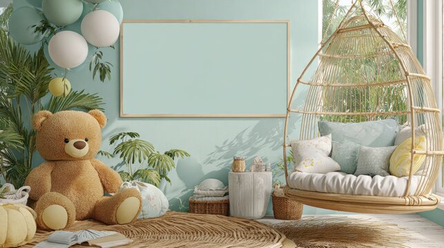 Cozy childs room corner features stuffed animal, hanging chair, and blank frame