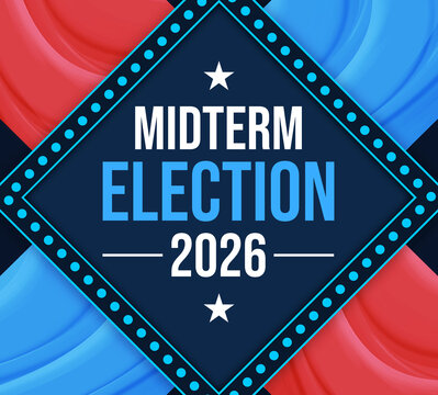 Midterm Election 2026 Banner with Red and Blue Swirling Background Design