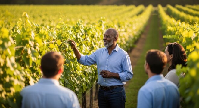 Vineyard tour guide leading a wine tasting for a small group outdoors in sunlit grape rows for banner and background design