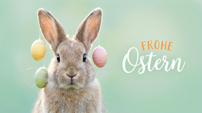 Cute brown rabbit with floating Easter eggs and German holiday text