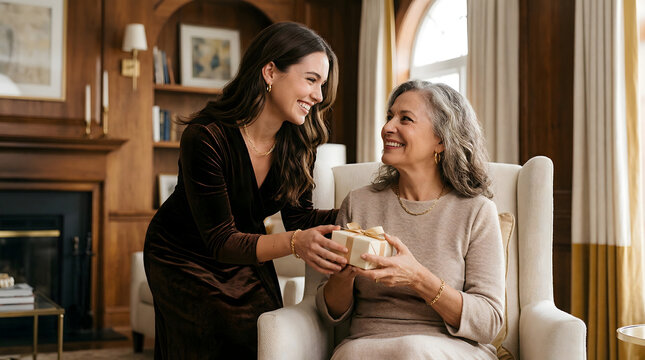 A daughter presents a thoughtful gift to her mother, creating a heartwarming moment of connection and love