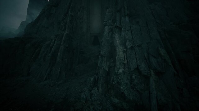 dark cliff face with hidden doorway, greentinged vertical rock wall, jagged scree, moss patches, deep shadow, distant fog, cinematic tension, explorer