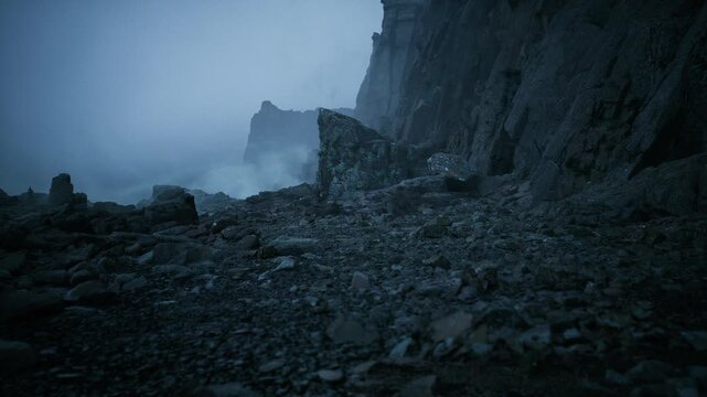 jagged pebble beach near cliffs at dusk, field geologist conducts survey along rocky shoreline with heavy mist, dramatic lowlight textures and rugged boulder