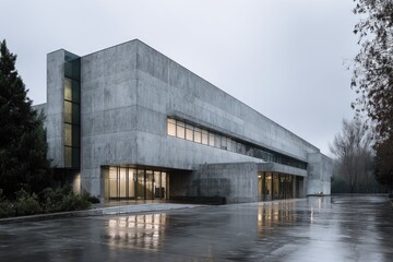 Fototapeta premium Modern architectural facade of a concrete building on a wet day. Exterior, overcast