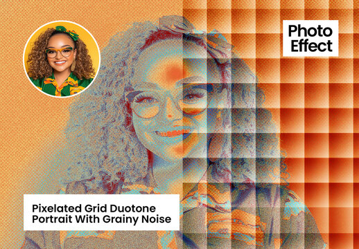 Pixelated Grid Duotone Portrait With Grainy Noise Photo Effect