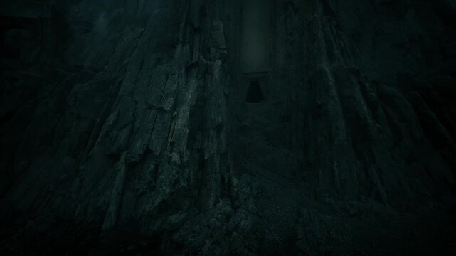 dark cliffside with hidden tomb entrance, moonlit ravine and jagged rock face, ancient triangular doorway carved into mountain wall, silent mosscovered steps