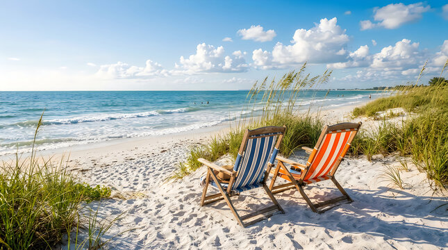 Two colorful beach chairs on white sand dunes near calm ocean waves
