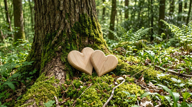 Two handcrafted wooden hearts resting on mossy tree roots in forest
