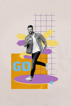 Vertical 3d art pop image collage of happy businesswoman businessman walk road sign arrow development direction find progress