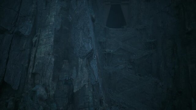 blue rock cavern interior triangular opening. dim teal light casts layered stone texture, damp moss clinging to crevices, distant echo, foreboding mood,