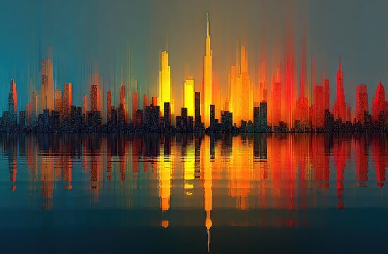 Abstract city skyline ablaze at dusk, mirrored in tranquil water, showcasing vibrant colors