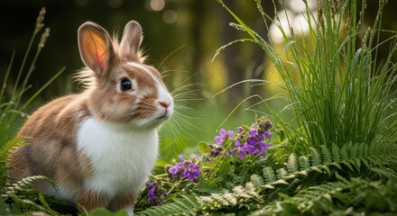 Fototapeta premium Adorable fluffy brown and white rabbit sitting peacefully in a lush green garden with delicate purple flowers.